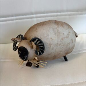 Primitive Folk Art Painted Cloth 7" Ram Sheep Figurine Rustic Farmhouse Decor